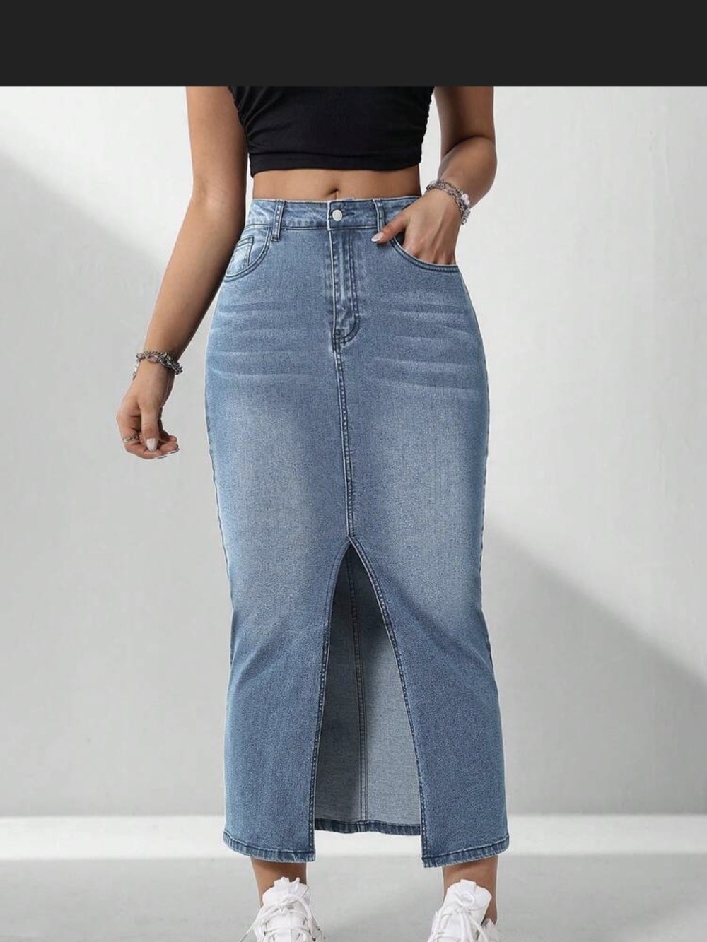 Shein Petite High-Waist Light Blue Denim Maxi Skirt with Front Slit